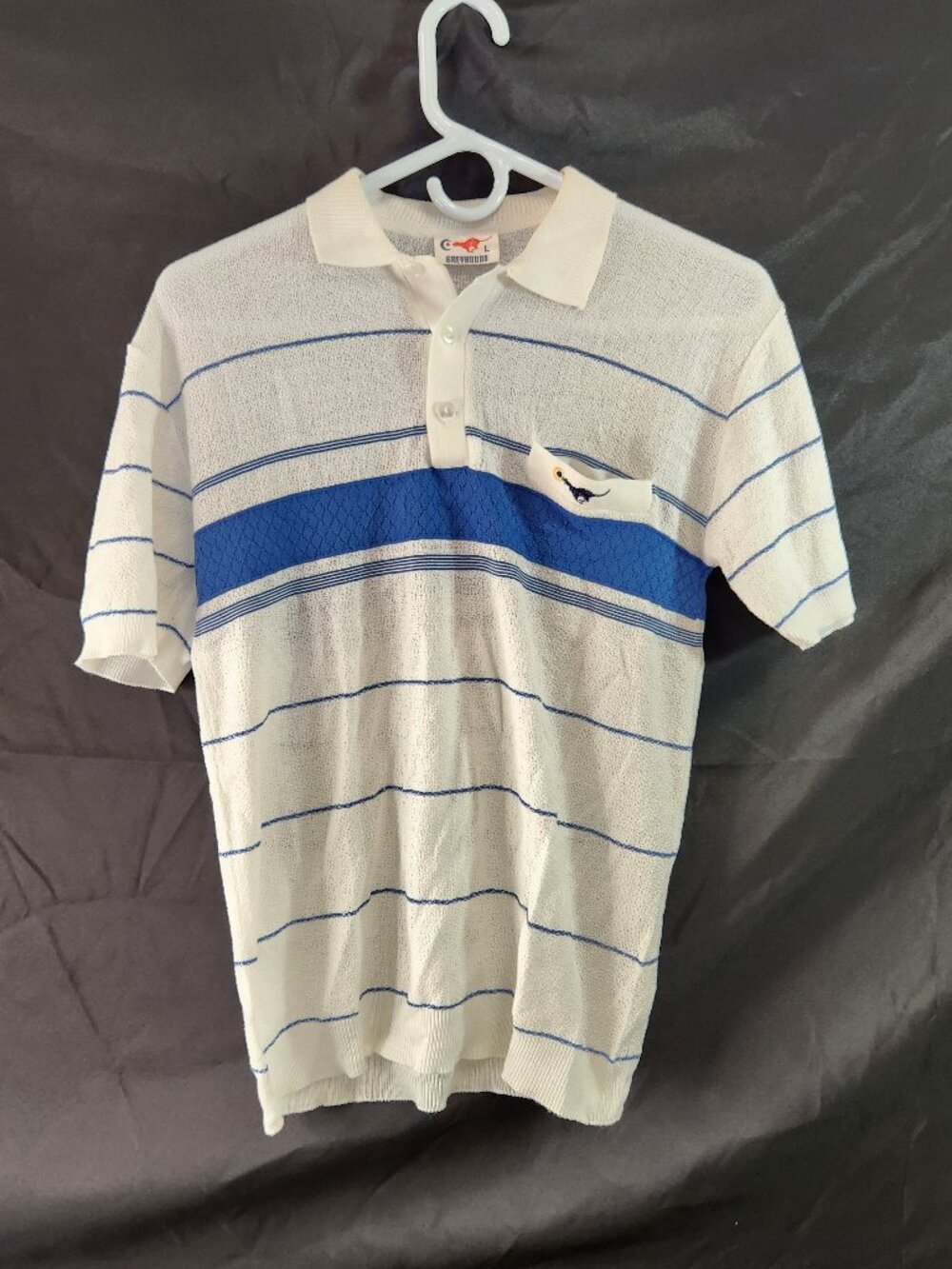Vintage Greyhound Brand Thin Terry White Blue Striped Polo Collared Shirt 80s